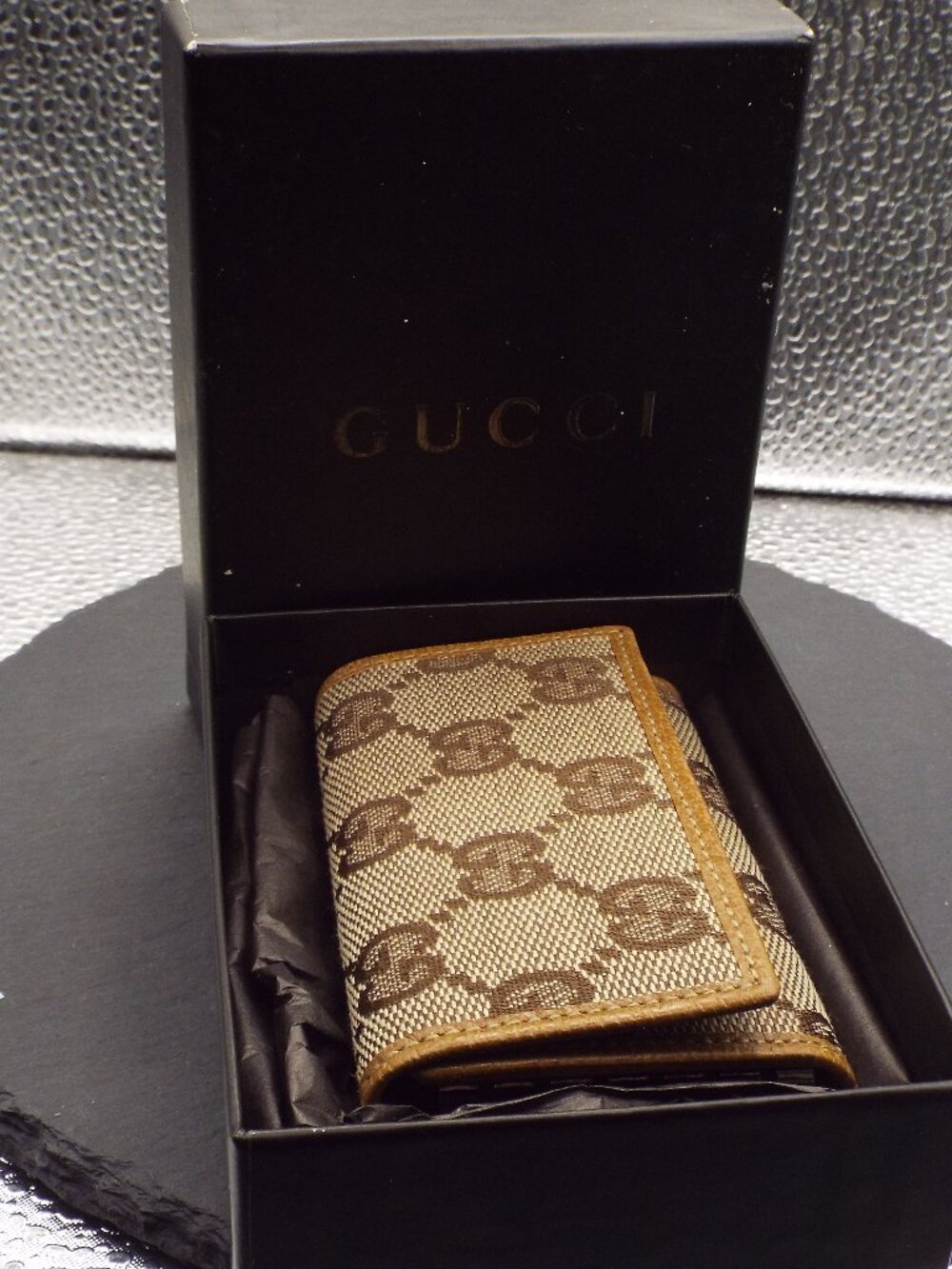 *NIB* GUCCI LOGO MONOGRAM TAN & BROWN KEY HOLDER & CARD CASE OD